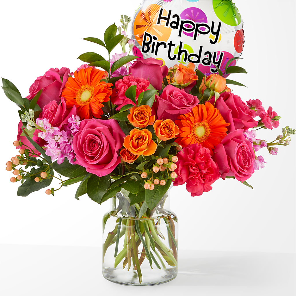 Fiesta Bouquet with Birthday Balloon – Evergreen Flowers, Tucson AZ