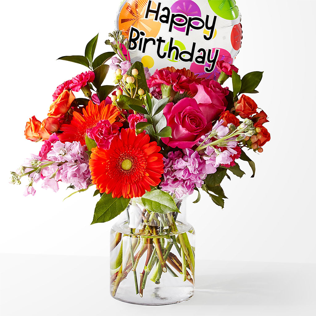 Fiesta Bouquet with Birthday Balloon – Evergreen Flowers, Tucson AZ