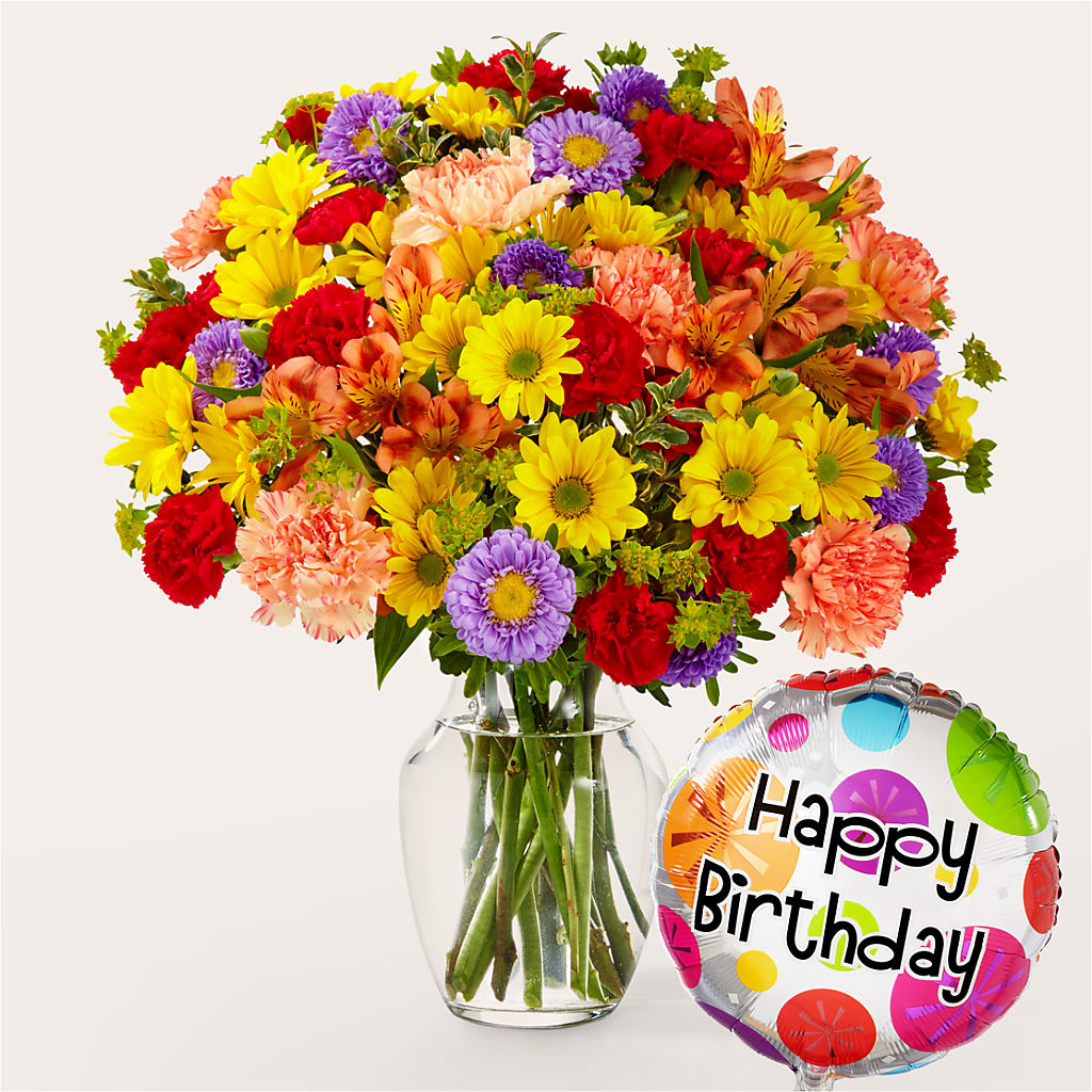 Kaleidoscope Bouquet with Birthday Balloon – Evergreen Flowers, Tucson AZ