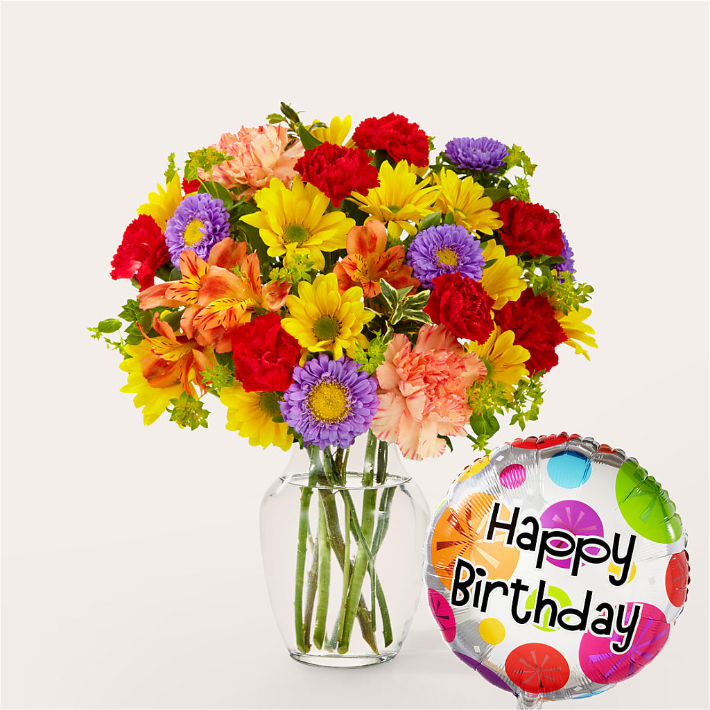 Kaleidoscope Bouquet with Birthday Balloon – Evergreen Flowers, Tucson AZ