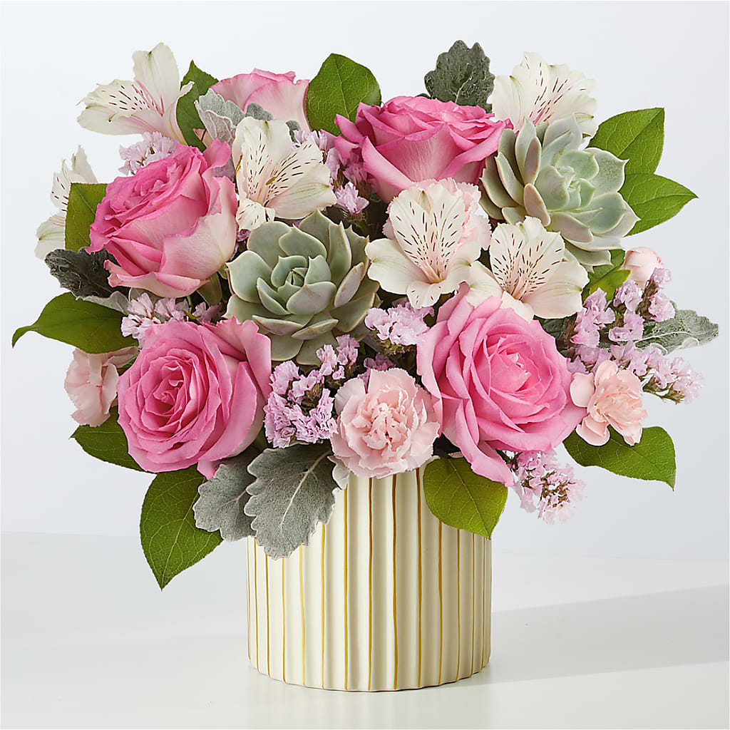 Dusty Rose Bouquet with Ivory Vase – Evergreen Flowers, Tucson AZ