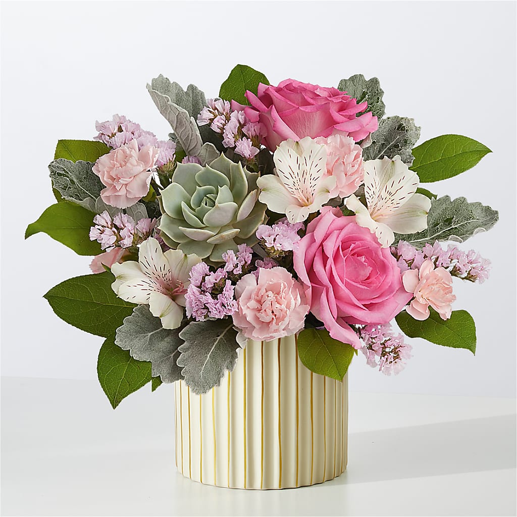 Dusty Rose Bouquet with Ivory Vase – Evergreen Flowers, Tucson AZ