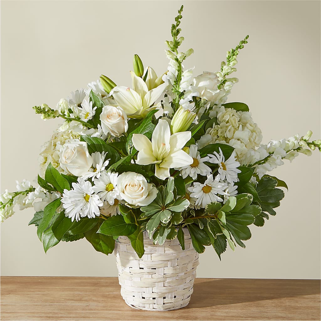 Ivory Elegance Floral Basket – Evergreen Flowers, Tucson AZ