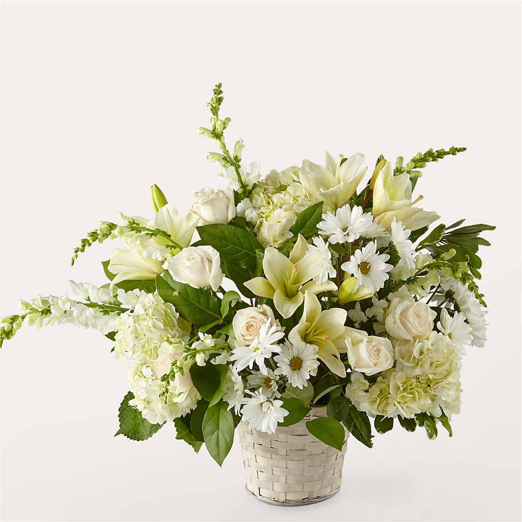 Ivory Elegance Floral Basket – Evergreen Flowers, Tucson AZ