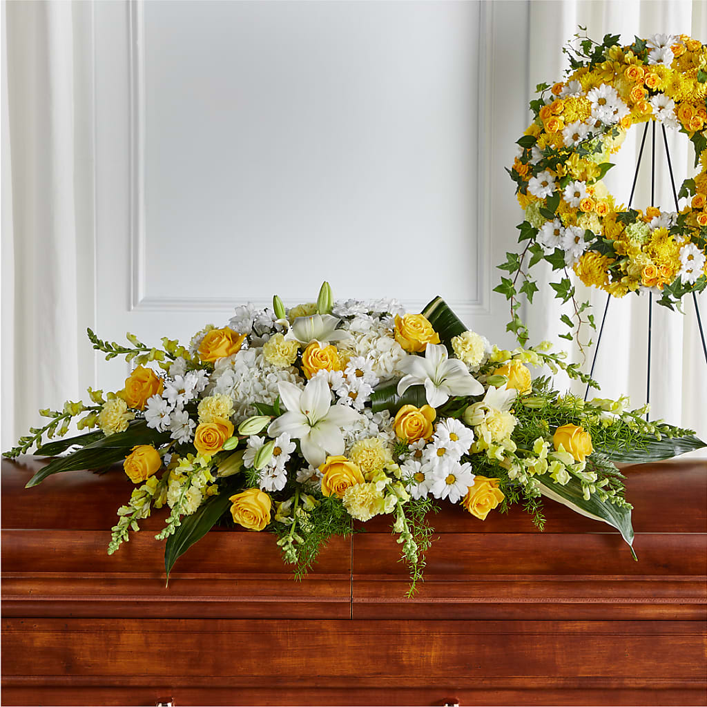 Golden Harmony Casket Spray – Evergreen Flowers, Tucson AZ