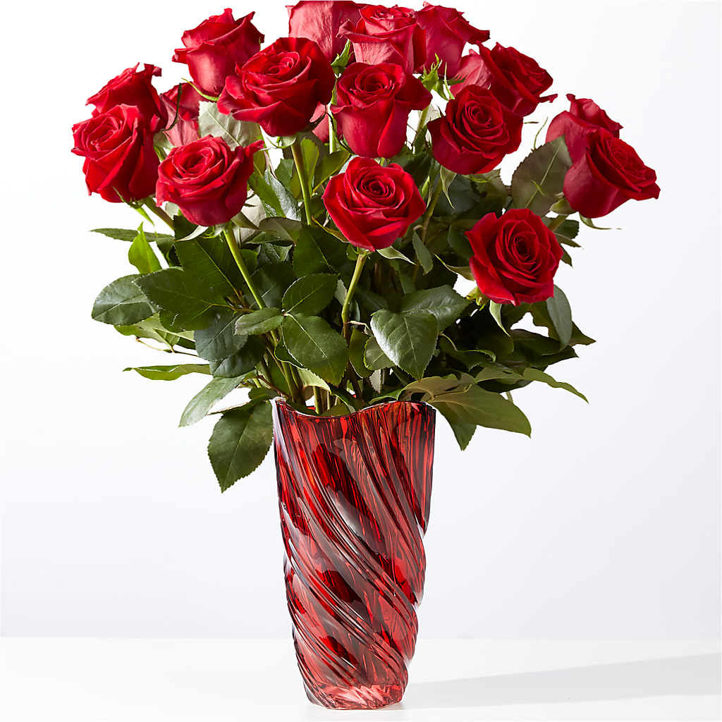 Classic Love Red Rose Bouquet with Luxe Swirl Vase – Evergreen Flowers, Tucson AZ