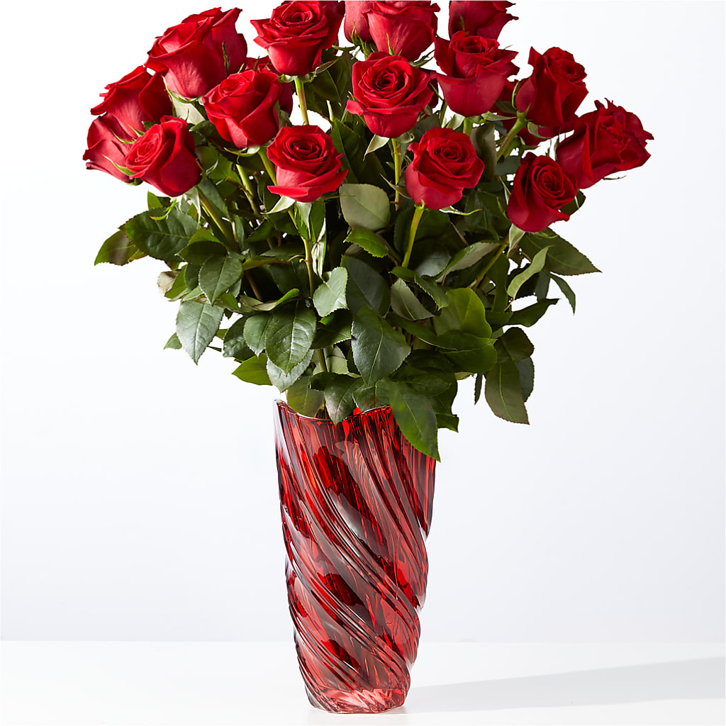 Classic Love Red Rose Bouquet with Luxe Swirl Vase – Evergreen Flowers, Tucson AZ