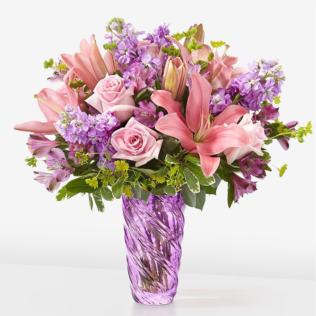 Precious Petals Bouquet with Luxe Swirl Vase – Evergreen Flowers, Tucson AZ