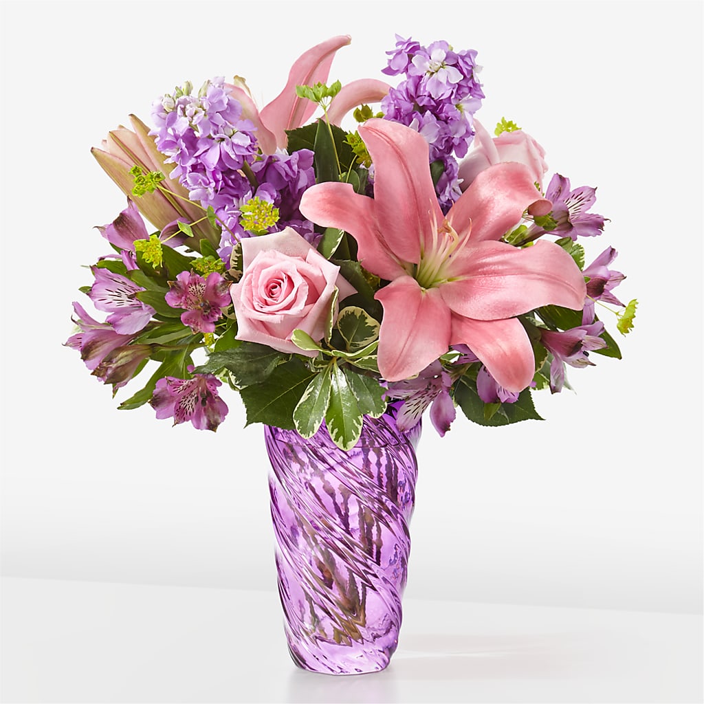 Precious Petals Bouquet with Luxe Swirl Vase – Evergreen Flowers, Tucson AZ