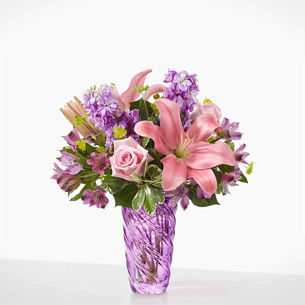 Precious Petals Bouquet with Luxe Swirl Vase – Evergreen Flowers, Tucson AZ