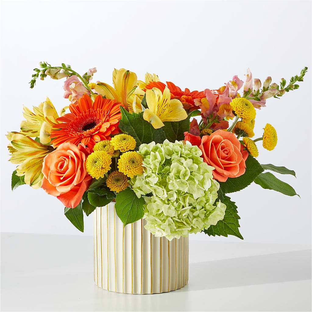 Autumn Sunshine Bouquet with Ivory Vase –  Evergreen Flowers, Tucson AZ