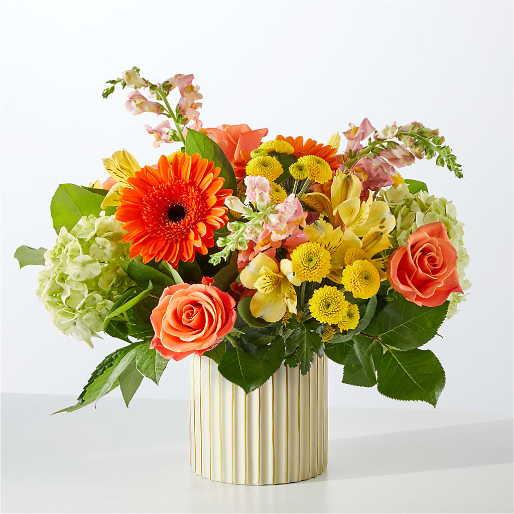 Autumn Sunshine Bouquet with Ivory Vase –  Evergreen Flowers, Tucson AZ