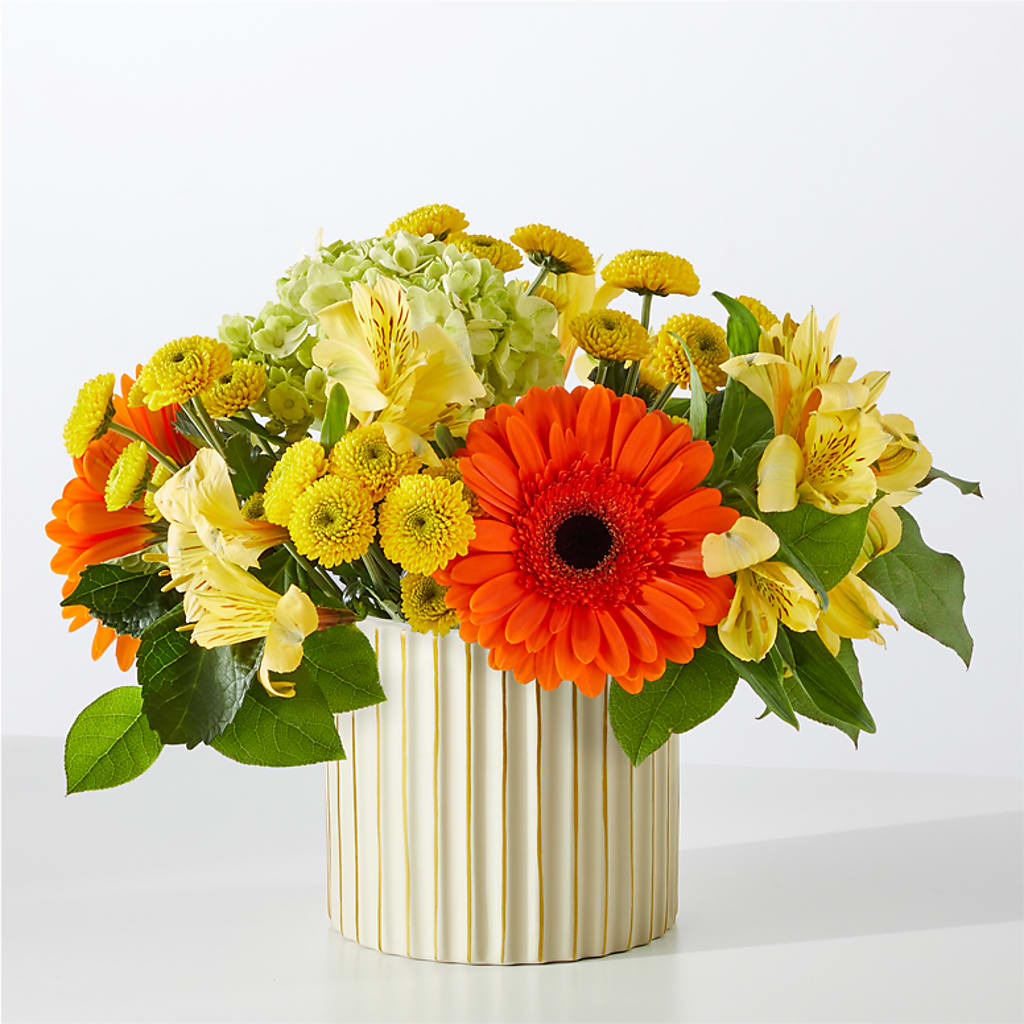 Autumn Sunshine Bouquet with Ivory Vase –  Evergreen Flowers, Tucson AZ
