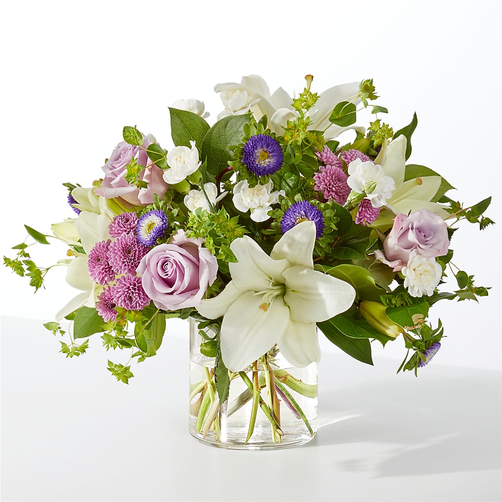 April Showers Bouquet – lavender, purple, white flower arrangement