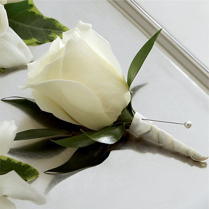 White Rose Boutonniere –  Evergreen Flowers, Tucson AZ
